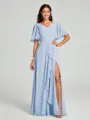 A-line/Princess V-neck Floor-Length Short Sleeves Chiffon Bridesmaid Dress