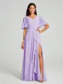 A-line/Princess V-neck Floor-Length Short Sleeves Chiffon Bridesmaid Dress