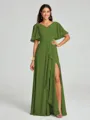 A-line/Princess V-neck Floor-Length Short Sleeves Chiffon Bridesmaid Dress