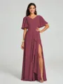 A-line/Princess V-neck Floor-Length Short Sleeves Chiffon Bridesmaid Dress