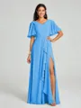 A-line/Princess V-neck Floor-Length Short Sleeves Chiffon Bridesmaid Dress