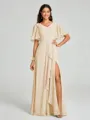 A-line/Princess V-neck Floor-Length Short Sleeves Chiffon Bridesmaid Dress