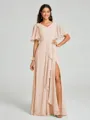 A-line/Princess V-neck Floor-Length Short Sleeves Chiffon Bridesmaid Dress