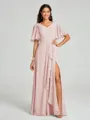 A-line/Princess V-neck Floor-Length Short Sleeves Chiffon Bridesmaid Dress