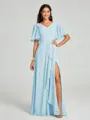 A-line/Princess V-neck Floor-Length Short Sleeves Chiffon Bridesmaid Dress