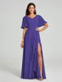 A-line/Princess V-neck Floor-Length Short Sleeves Chiffon Bridesmaid Dress