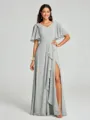 A-line/Princess V-neck Floor-Length Short Sleeves Chiffon Bridesmaid Dress