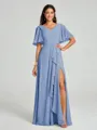 A-line/Princess V-neck Floor-Length Short Sleeves Chiffon Bridesmaid Dress