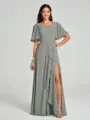 A-line/Princess V-neck Floor-Length Short Sleeves Chiffon Bridesmaid Dress