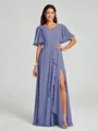 A-line/Princess V-neck Floor-Length Short Sleeves Chiffon Bridesmaid Dress