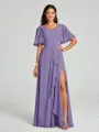 A-line/Princess V-neck Floor-Length Short Sleeves Chiffon Bridesmaid Dress