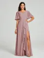A-line/Princess V-neck Floor-Length Short Sleeves Chiffon Bridesmaid Dress