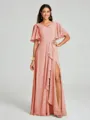 A-line/Princess V-neck Floor-Length Short Sleeves Chiffon Bridesmaid Dress