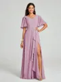 A-line/Princess V-neck Floor-Length Short Sleeves Chiffon Bridesmaid Dress