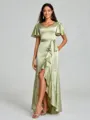A-line/Princess V-neck Asymmetrical Short Sleeves Silk Like Satin Bridesmaid Dress