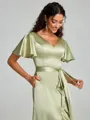 A-line/Princess V-neck Asymmetrical Short Sleeves Silk Like Satin Bridesmaid Dress