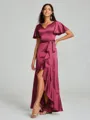 A-line/Princess V-neck Asymmetrical Short Sleeves Silk Like Satin Bridesmaid Dress