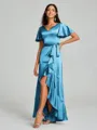 A-line/Princess V-neck Asymmetrical Short Sleeves Silk Like Satin Bridesmaid Dress