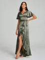 A-line/Princess V-neck Asymmetrical Short Sleeves Silk Like Satin Bridesmaid Dress