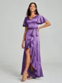A-line/Princess V-neck Asymmetrical Short Sleeves Silk Like Satin Bridesmaid Dress