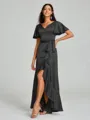 A-line/Princess V-neck Asymmetrical Short Sleeves Silk Like Satin Bridesmaid Dress