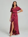 A-line/Princess V-neck Asymmetrical Short Sleeves Silk Like Satin Bridesmaid Dress