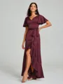 A-line/Princess V-neck Asymmetrical Short Sleeves Silk Like Satin Bridesmaid Dress