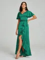 A-line/Princess V-neck Asymmetrical Short Sleeves Silk Like Satin Bridesmaid Dress