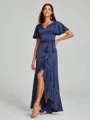 A-line/Princess V-neck Asymmetrical Short Sleeves Silk Like Satin Bridesmaid Dress