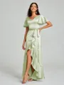 A-line/Princess V-neck Asymmetrical Short Sleeves Silk Like Satin Bridesmaid Dress