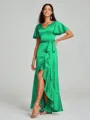 A-line/Princess V-neck Asymmetrical Short Sleeves Silk Like Satin Bridesmaid Dress