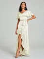 A-line/Princess V-neck Asymmetrical Short Sleeves Silk Like Satin Bridesmaid Dress