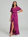 A-line/Princess V-neck Asymmetrical Short Sleeves Silk Like Satin Bridesmaid Dress