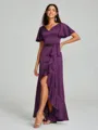 A-line/Princess V-neck Asymmetrical Short Sleeves Silk Like Satin Bridesmaid Dress