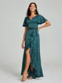 A-line/Princess V-neck Asymmetrical Short Sleeves Silk Like Satin Bridesmaid Dress