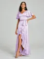 A-line/Princess V-neck Asymmetrical Short Sleeves Silk Like Satin Bridesmaid Dress
