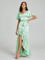 A-line/Princess V-neck Asymmetrical Short Sleeves Silk Like Satin Bridesmaid Dress