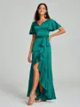 A-line/Princess V-neck Asymmetrical Short Sleeves Silk Like Satin Bridesmaid Dress