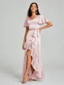 A-line/Princess V-neck Asymmetrical Short Sleeves Silk Like Satin Bridesmaid Dress