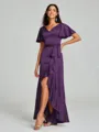 A-line/Princess V-neck Asymmetrical Short Sleeves Silk Like Satin Bridesmaid Dress