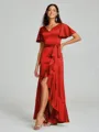 A-line/Princess V-neck Asymmetrical Short Sleeves Silk Like Satin Bridesmaid Dress