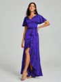 A-line/Princess V-neck Asymmetrical Short Sleeves Silk Like Satin Bridesmaid Dress