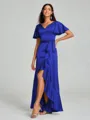 A-line/Princess V-neck Asymmetrical Short Sleeves Silk Like Satin Bridesmaid Dress