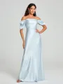 Sheath/Column Off-the-Shoulder Floor-Length Short Sleeves Silk Like Satin Bridesmaid Dress