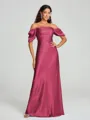 Sheath/Column Off-the-Shoulder Floor-Length Short Sleeves Silk Like Satin Bridesmaid Dress