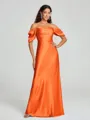 Sheath/Column Off-the-Shoulder Floor-Length Short Sleeves Silk Like Satin Bridesmaid Dress