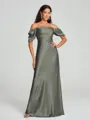 Sheath/Column Off-the-Shoulder Floor-Length Short Sleeves Silk Like Satin Bridesmaid Dress