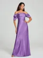Sheath/Column Off-the-Shoulder Floor-Length Short Sleeves Silk Like Satin Bridesmaid Dress