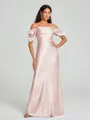 Sheath/Column Off-the-Shoulder Floor-Length Short Sleeves Silk Like Satin Bridesmaid Dress