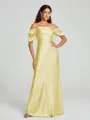 Sheath/Column Off-the-Shoulder Floor-Length Short Sleeves Silk Like Satin Bridesmaid Dress